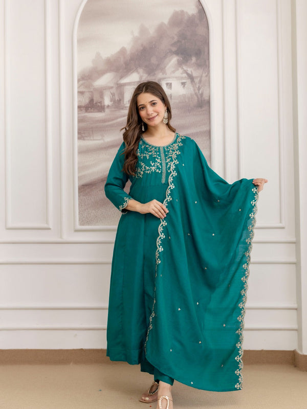 Mushroom Embroidered A-Line Kurta Set with Scalloped Dupatta