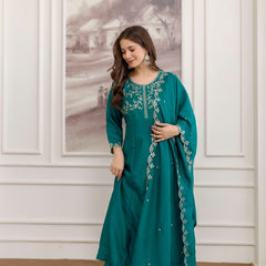 Mushroom Embroidered A-Line Kurta Set with Scalloped Dupatta