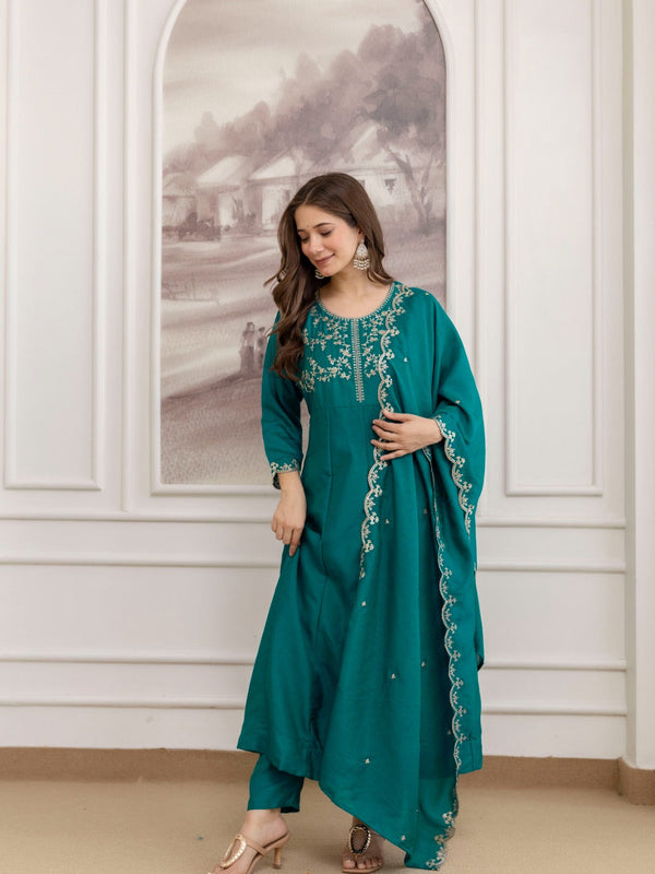 Mushroom Embroidered A-Line Kurta Set with Scalloped Dupatta