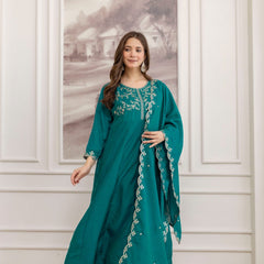 Mushroom Embroidered A-Line Kurta Set with Scalloped Dupatta