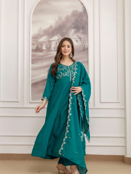 Mushroom Embroidered A-Line Kurta Set with Scalloped Dupatta