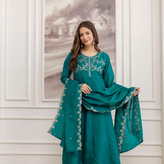 Mushroom Embroidered A-Line Kurta Set with Scalloped Dupatta