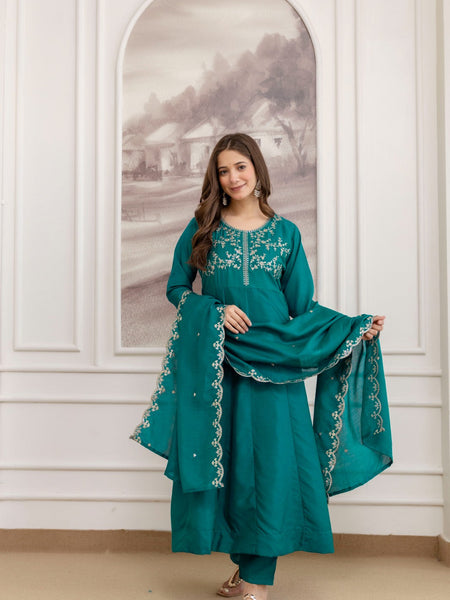 Mushroom Embroidered A-Line Kurta Set with Scalloped Dupatta