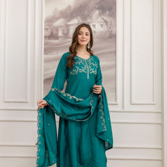 Mushroom Embroidered A-Line Kurta Set with Scalloped Dupatta