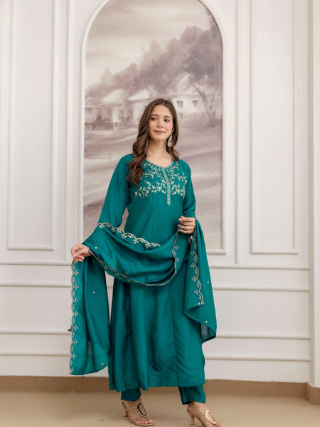 Mushroom Embroidered A-Line Kurta Set with Scalloped Dupatta