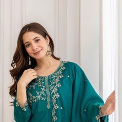 Mushroom Embroidered A-Line Kurta Set with Scalloped Dupatta