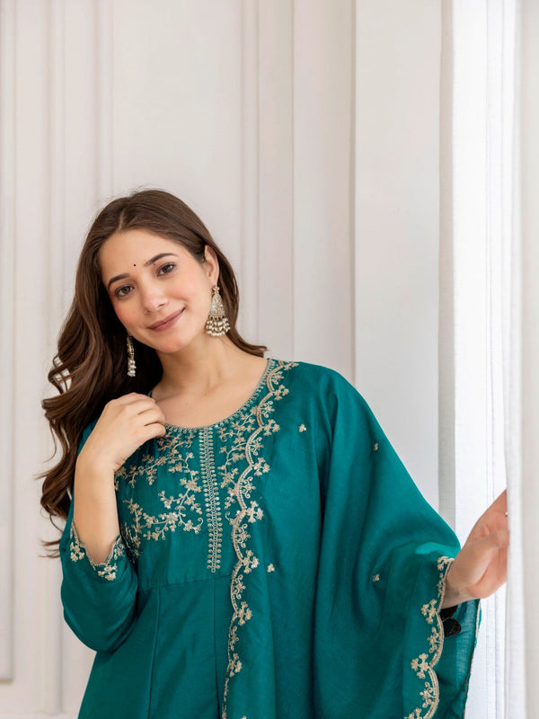 Mushroom Embroidered A-Line Kurta Set with Scalloped Dupatta