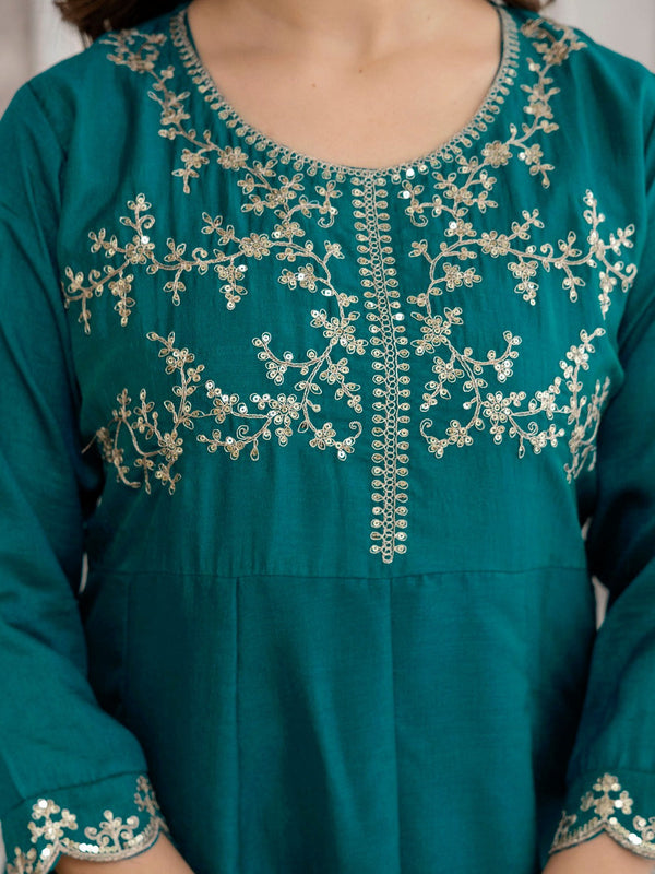 Mushroom Embroidered A-Line Kurta Set with Scalloped Dupatta