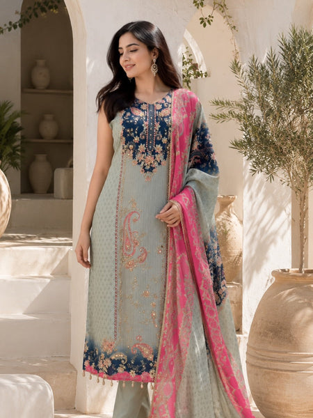 Women's Mint Green Floral Printed Straight Kurta Set with Contrast Pink Dupatta