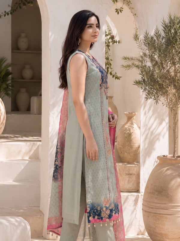 Women's Mint Green Floral Printed Straight Kurta Set with Contrast Pink Dupatta