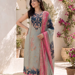Women's Mint Green Floral Printed Straight Kurta Set with Contrast Pink Dupatta