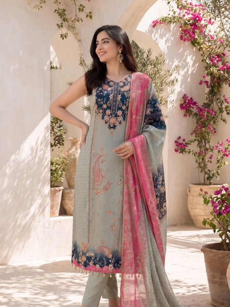 Women's Mint Green Floral Printed Straight Kurta Set with Contrast Pink Dupatta