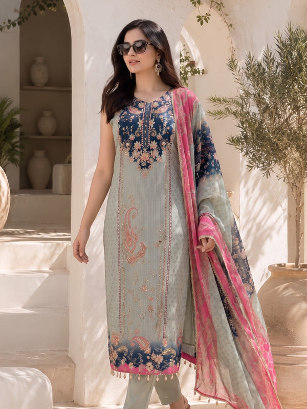Women's Mint Green Floral Printed Straight Kurta Set with Contrast Pink Dupatta
