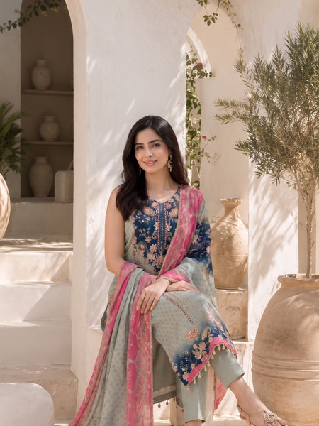 Women's Mint Green Floral Printed Straight Kurta Set with Contrast Pink Dupatta