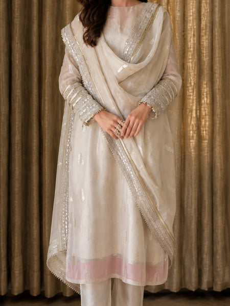 Women's Off-White Embroidered Straight Kurta Set with Dupatta