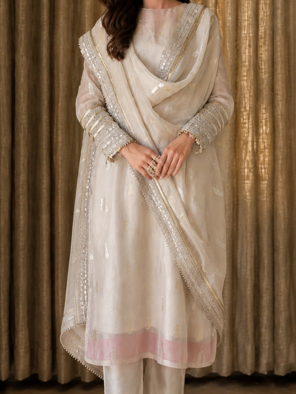 Women's Off-White Embroidered Straight Kurta Set with Dupatta