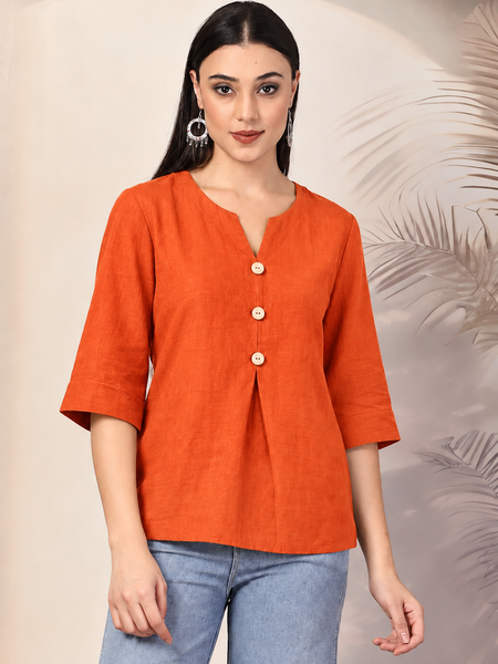 Women Solid Color V-Neck 3/4 Sleeve Cotton Top