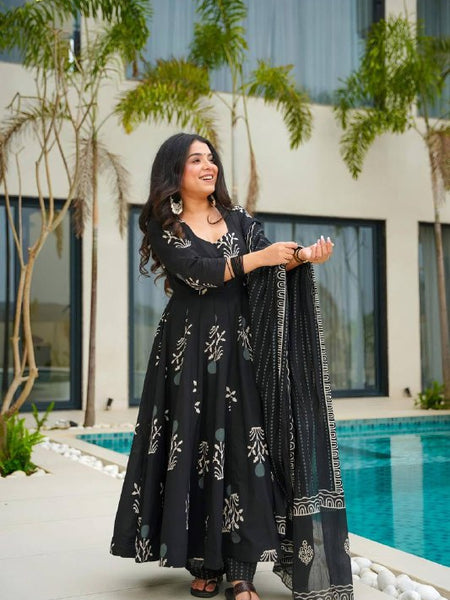 Elegant Black Printed Anarkali Suit with Dupatta