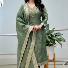 Royal Sage Green Embroidered Ethnic Suit Set with Elegant Dupatta