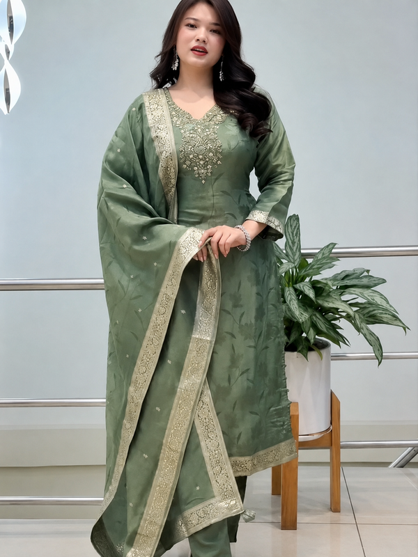 Royal Sage Green Embroidered Ethnic Suit Set with Elegant Dupatta