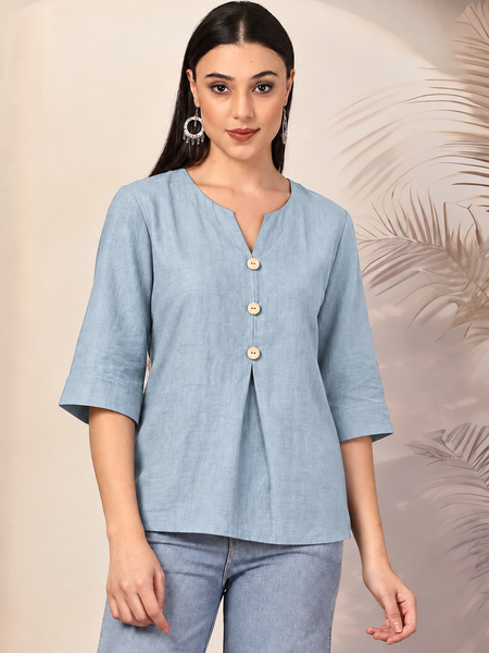 Women Solid Color V-Neck 3/4 Sleeve Cotton Top