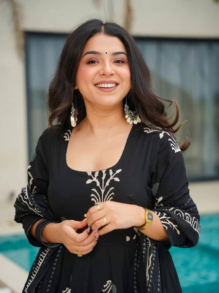 Elegant Black Printed Anarkali Suit with Dupatta