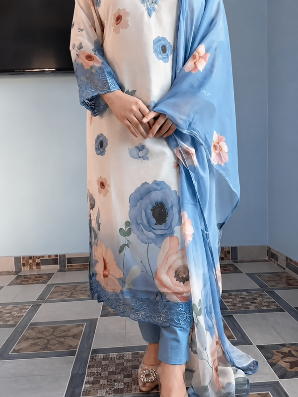 Elegant Floral Print Chiffon Salwar Kameez Set