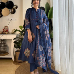 Elegant Navy Blue Printed Anarkali Kurta Set with Dupatta for Women