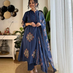 Elegant Navy Blue Printed Anarkali Kurta Set with Dupatta for Women