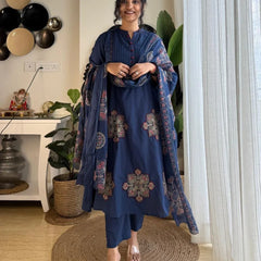 Elegant Navy Blue Printed Anarkali Kurta Set with Dupatta for Women