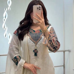 Elegant Ivory Embroidered Kurta Set with Designer Dupatta
