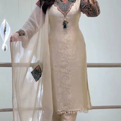 Elegant Ivory Embroidered Kurta Set with Designer Dupatta