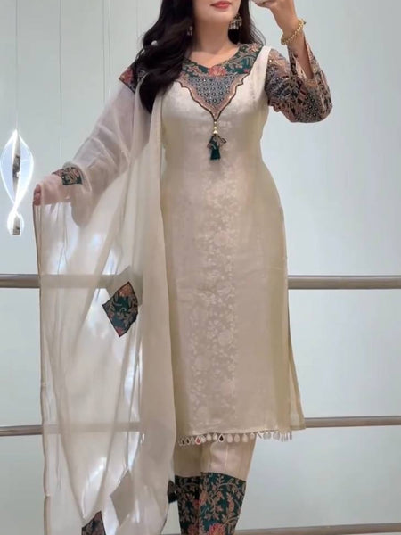 Elegant Ivory Embroidered Kurta Set with Designer Dupatta