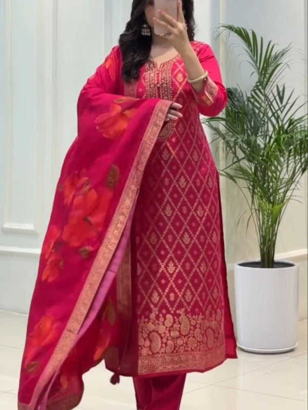 Red Banarasi Silk Premium Suit Set