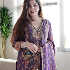 Women Satin Suit set With Heavy Mirror Work