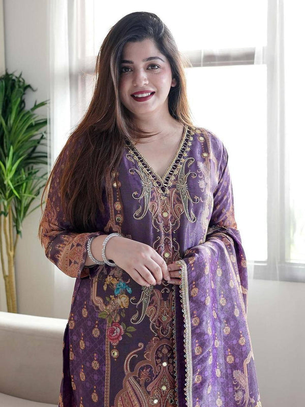 Women Satin Suit set With Heavy Mirror Work