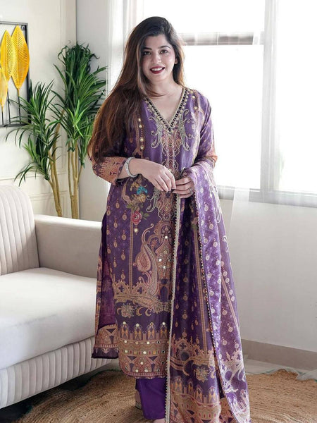 Women Satin Suit set With Heavy Mirror Work