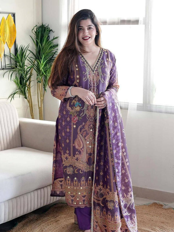 Women Satin Suit set With Heavy Mirror Work