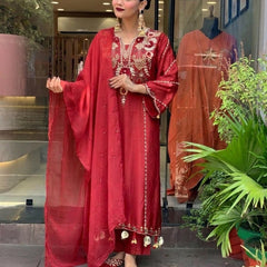 Women's Elegant Cotton Embroidered Kurta Set with Dupatta