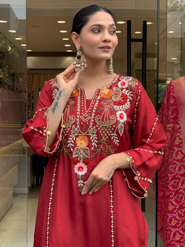 Women's Elegant Cotton Embroidered Kurta Set with Dupatta