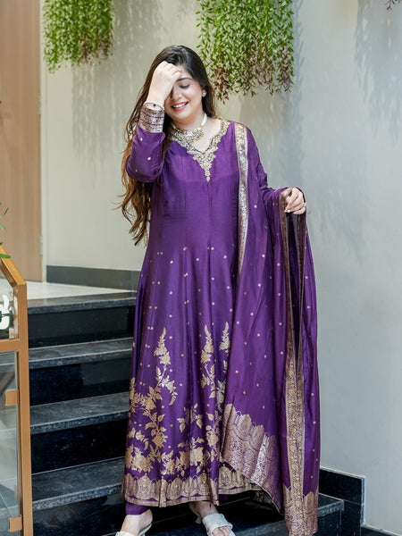 Women's Embroidered Cotton Anarkali Kurta Set with Dupatta