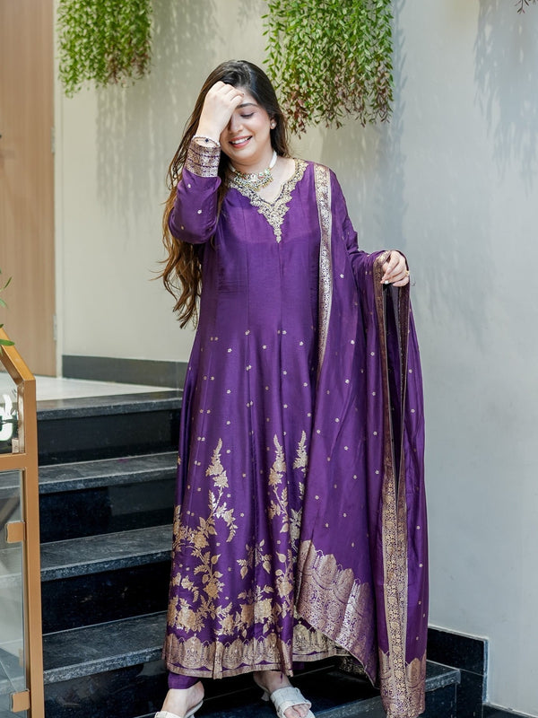 Women's Embroidered Cotton Anarkali Kurta Set with Dupatta