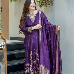 Women's Embroidered Cotton Anarkali Kurta Set with Dupatta