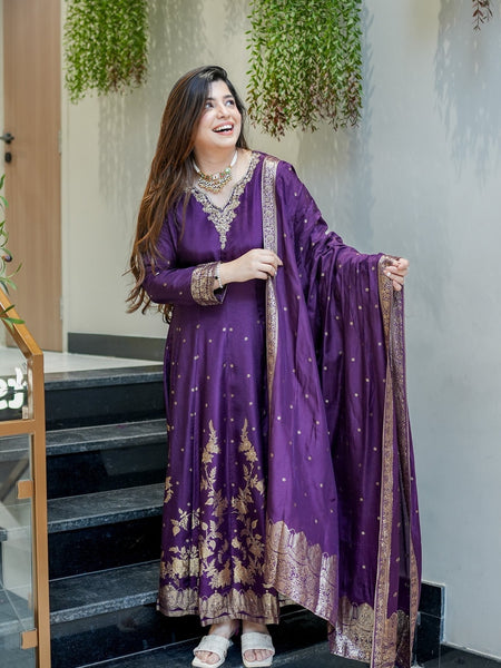 Women's Embroidered Cotton Anarkali Kurta Set with Dupatta