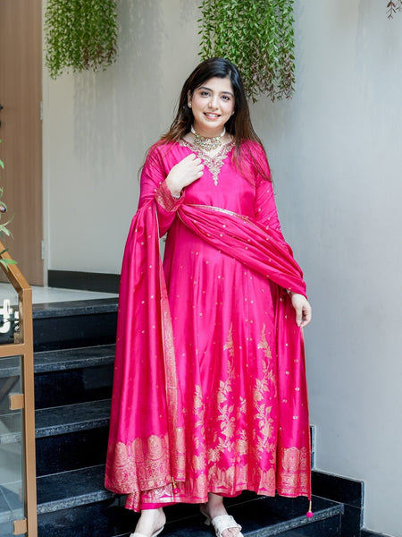 Women's Embroidered Cotton Anarkali Kurta Set with Dupatta