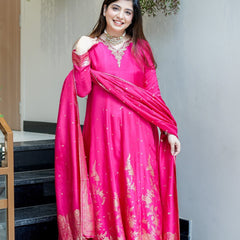 Women's Embroidered Cotton Anarkali Kurta Set with Dupatta