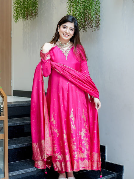 Women's Embroidered Cotton Anarkali Kurta Set with Dupatta