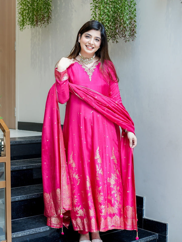 Women's Embroidered Cotton Anarkali Kurta Set with Dupatta