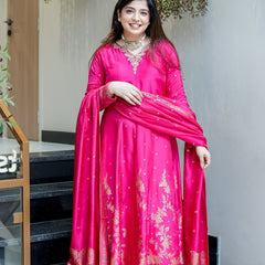 Women's Embroidered Cotton Anarkali Kurta Set with Dupatta