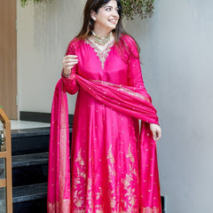 Women's Embroidered Cotton Anarkali Kurta Set with Dupatta